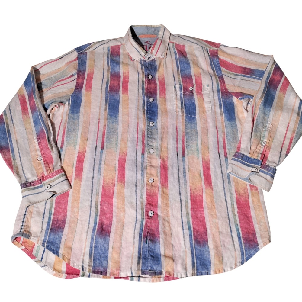 Tommy Bahama Relax L 100% Linen Watercolor Stripe Button Down Shirt - Imperfect